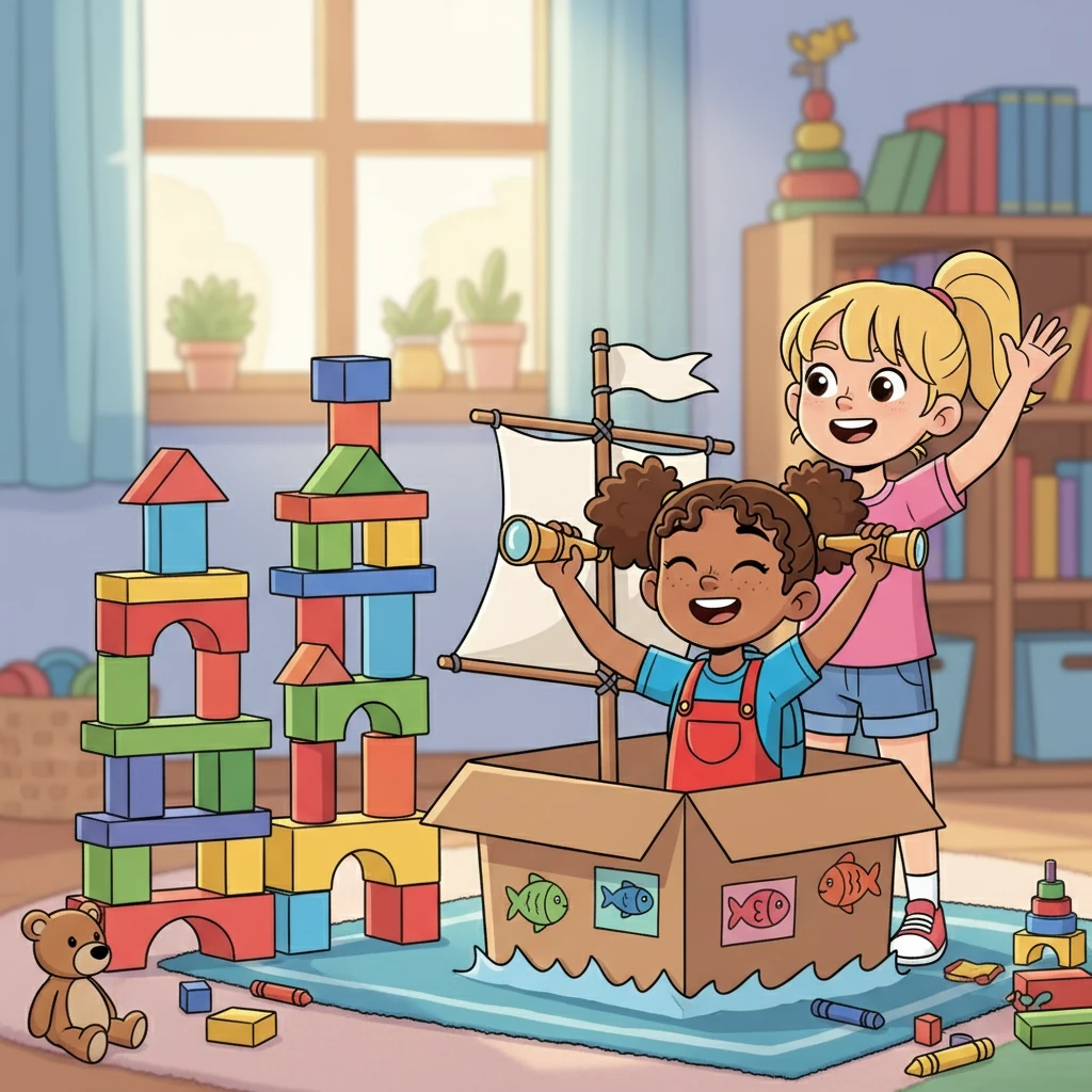 During playtime, Penelope met a girl named Lily. They built amazing towers with blocks and pretended to be explorers, sailing on a ship made of cardboard. They laughed and played together, creating stories and new worlds with their imaginations.