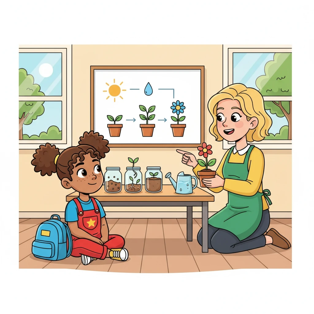 After lunch, it was time for a science lesson! Ms. Sunshine showed them how plants grow, from tiny seeds to beautiful flowers. Penelope learned about the sun, water, and the importance of taking care of plants, fascinated by the wonders of nature.