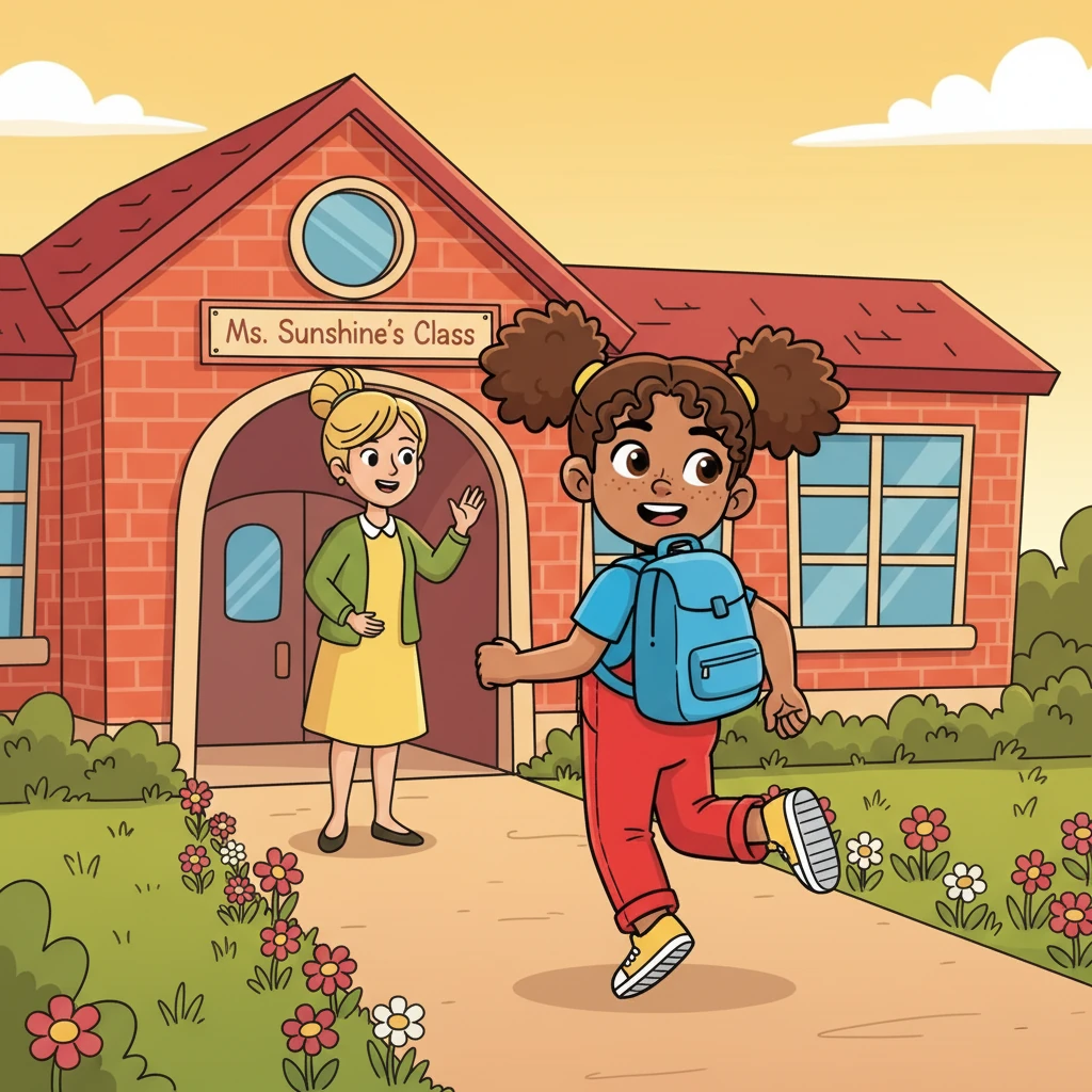 At the end of the day, Penelope felt happy and tired. She hugged Ms. Sunshine goodbye and skipped out of school, already planning to tell her parents all about her amazing first day. She knew this was just the beginning of many exciting days ahead!