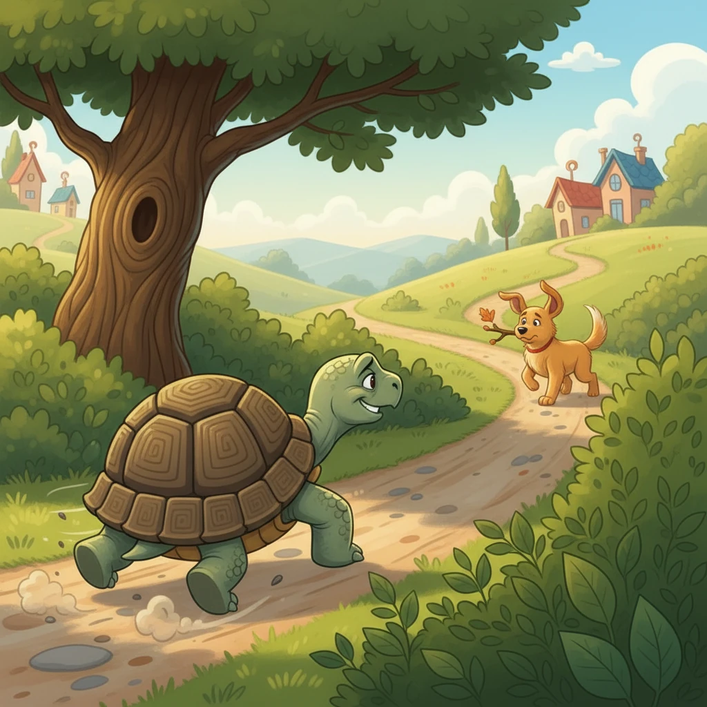As the race began, Sheldon, surprisingly swift for a tortoise, darted ahead. He instructed Buster to take the long route and followed a secret shortcut. He was sure he would win.