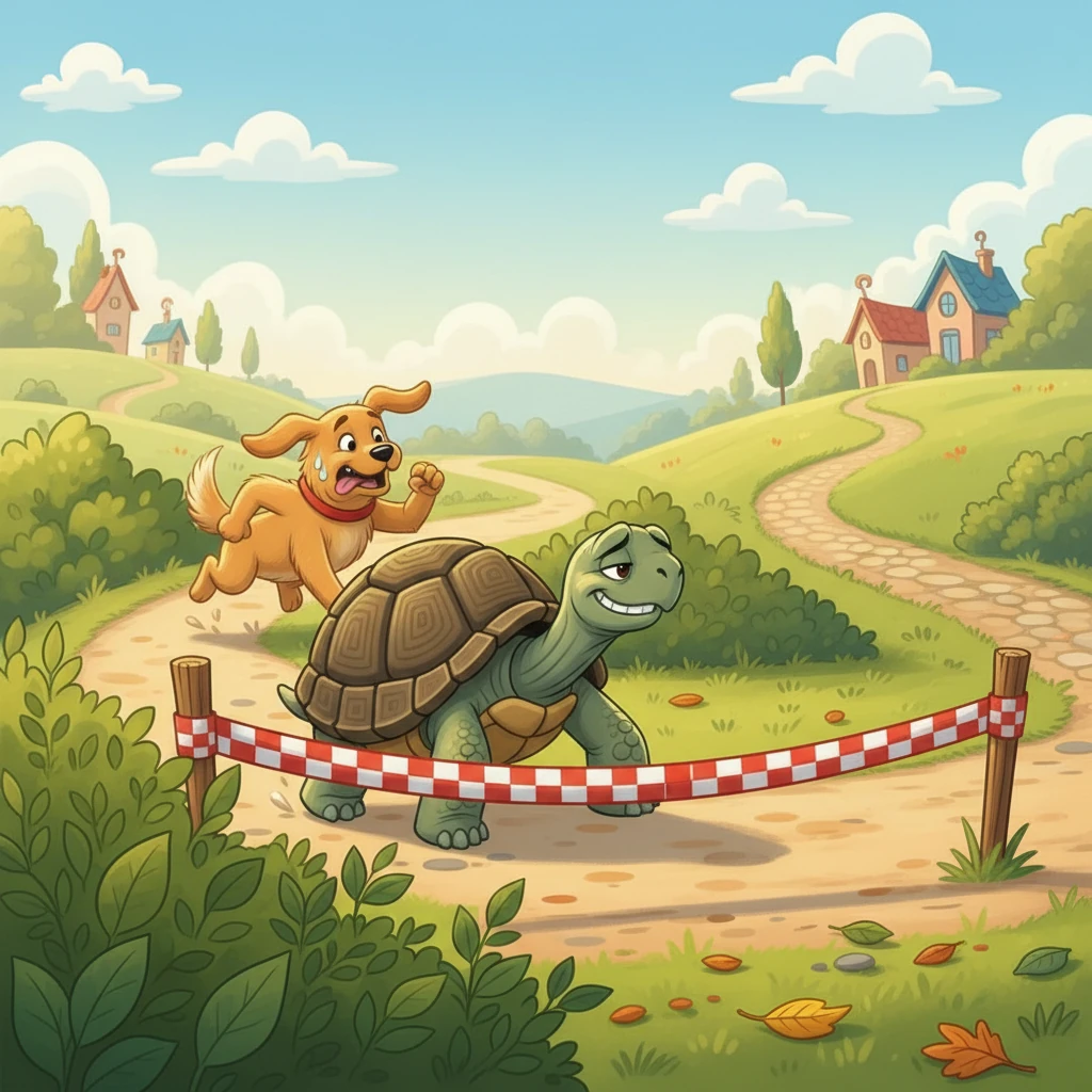 Buster, true to his word, ran the long way, panting but determined. Sheldon crossed the finish line with a smug look, claiming victory. He felt proud of his deception.