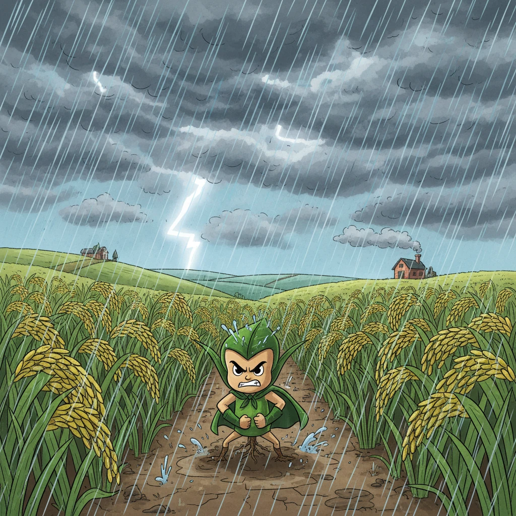 Un día, una fuerte tormenta azotó la región, amenazando con destruir los campos de arroz. SuperArroz, a pesar de su pequeño tamaño, decidió que no se rendiría.  Se aferró con fuerza a sus raíces, resistiendo la furia del viento y la lluvia.