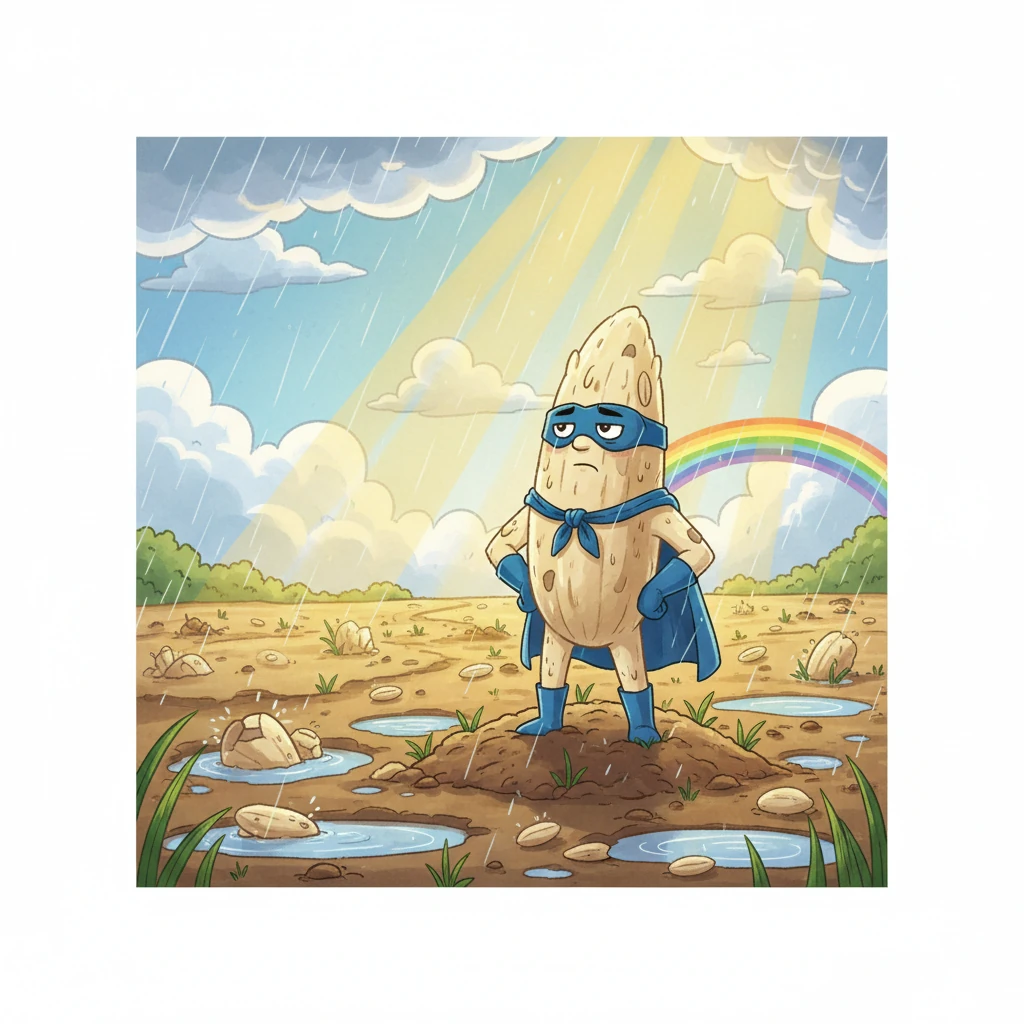 Después de la tormenta, el sol volvió a brillar. SuperArroz, aunque cansado, se mantuvo firme y notó que muchos otros granos no sobrevivieron.  Con valentía, esperó pacientemente, sabiendo que el sol y el agua lo ayudarían a crecer.