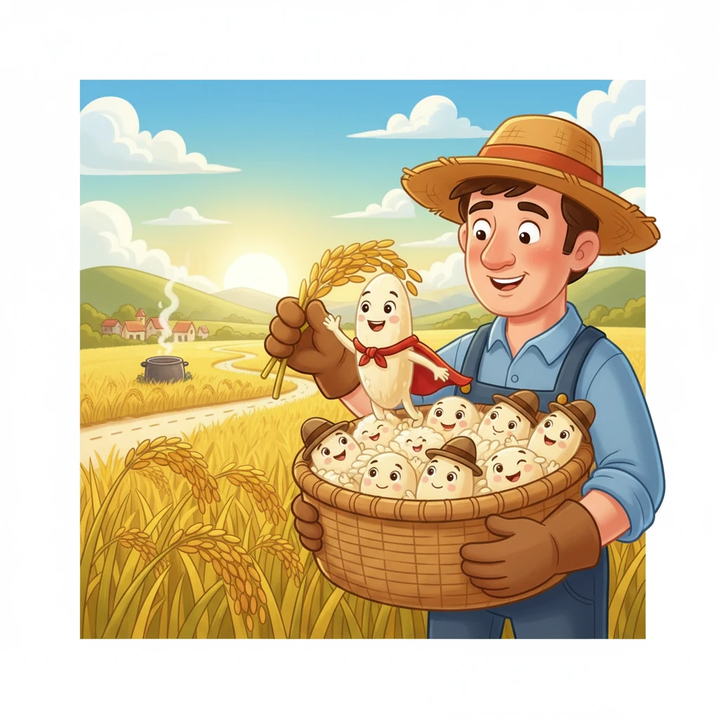 Llegó el momento de la cosecha y SuperArroz fue cuidadosamente recogido, sintiendo emoción y entusiasmo.  Viajó junto a otros granos, esperando la transformación que lo llevaría a su destino final: el plato que todos ansiaban.