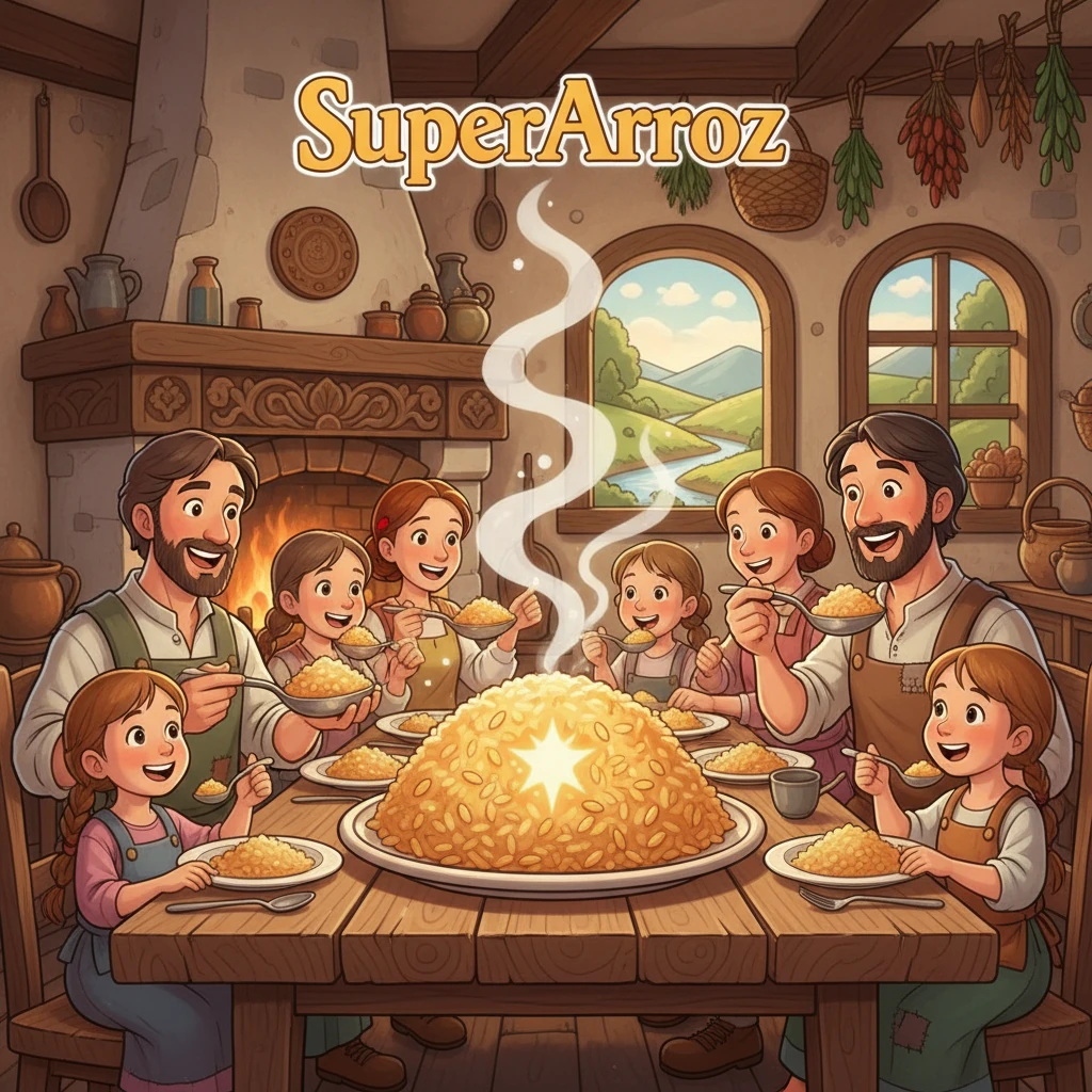 Finalmente, SuperArroz, ya cocinado, fue servido en un plato humeante y apetitoso.  Con cada bocado, las familias del Bajo Cauca disfrutaban de su sabor, cumpliendo su sueño de ser parte integral de sus vidas, ¡y ahora era la estrella!