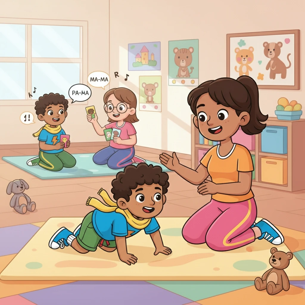 Começaram as sessões, e Miguel, com determinação, seguia as instruções. Ele praticava movimentos com o corpo, como engatinhar e rolar, e também exercícios de fala. A cada dia, ele se sentia um pouco mais forte e confiante.