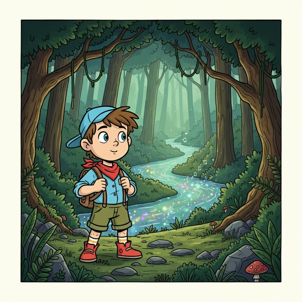 In einem tiefen, grünen Wald lebte Finn, ein kleiner Junge mit einem großen Herzen. Er liebte es, durch die Bäume zu streifen und die Geheimnisse der Natur zu entdecken. Eines Tages hörte er ein leises Flüstern, das ihn zu einem geheimnisvollen, glitzernden Fluss führte.