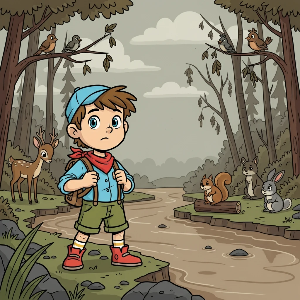 Der Fluss, einst sprudelnd und lebendig, war nun trüb und still. Die Tiere des Waldes waren traurig, denn der Fluss war ihre Lebensader. Finn spürte sofort, dass etwas nicht stimmte und beschloss, dem Fluss zu helfen.