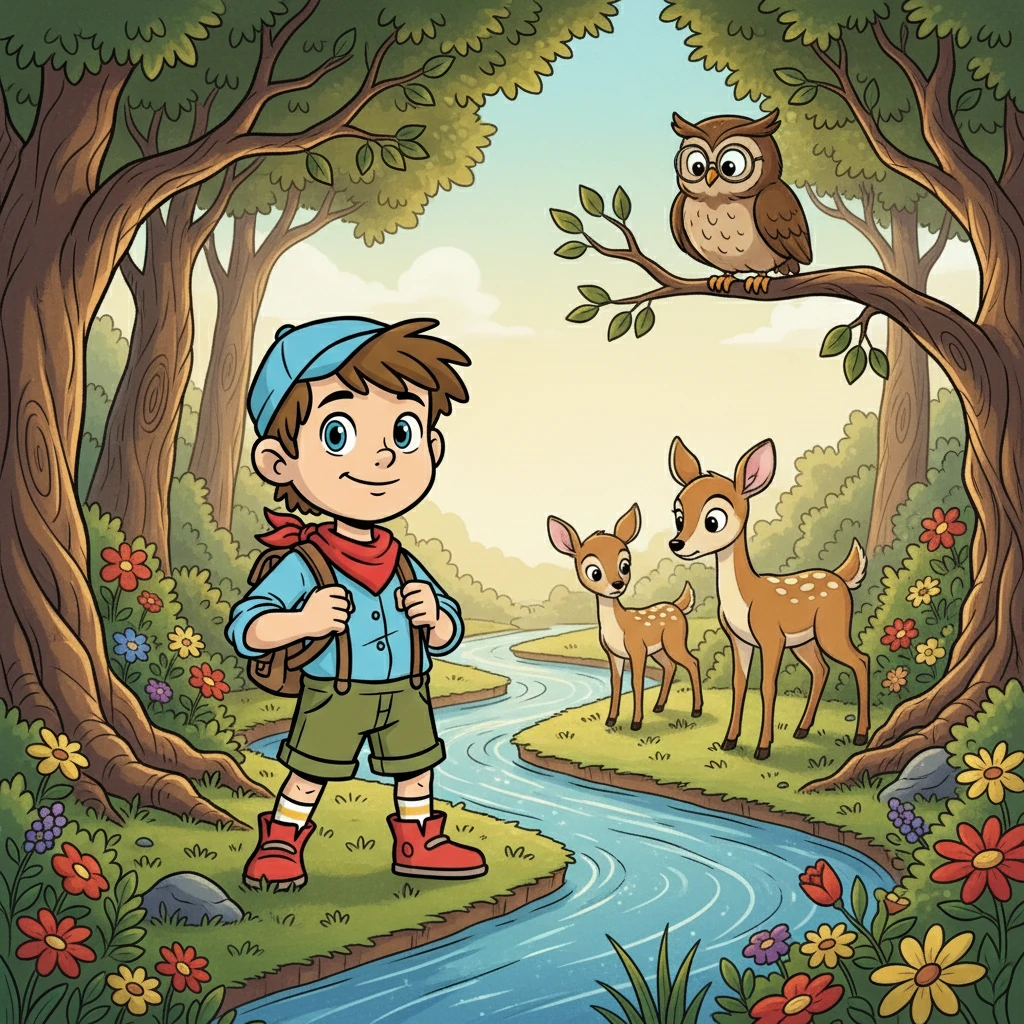 Finn folgte dem Flusslauf, vorbei an knorrigen Bäumen und bunten Blumen. Er begegnete weisen Eulen und scheuen Rehen, die ihm von der Quelle des Flusses erzählten. Alle waren besorgt um den Fluss.