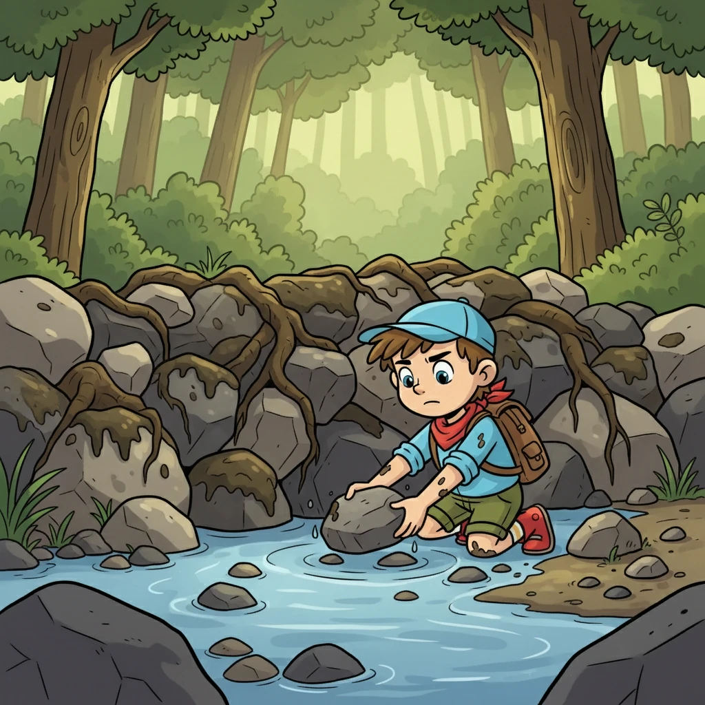 An der Quelle angekommen, entdeckte Finn eine riesige Blockade aus Steinen und Schlamm, die das Wasser aufhielt. Ohne zu zögern, begann er, die Steine wegzuräumen, seine kleinen Hände arbeiteten unermüdlich.