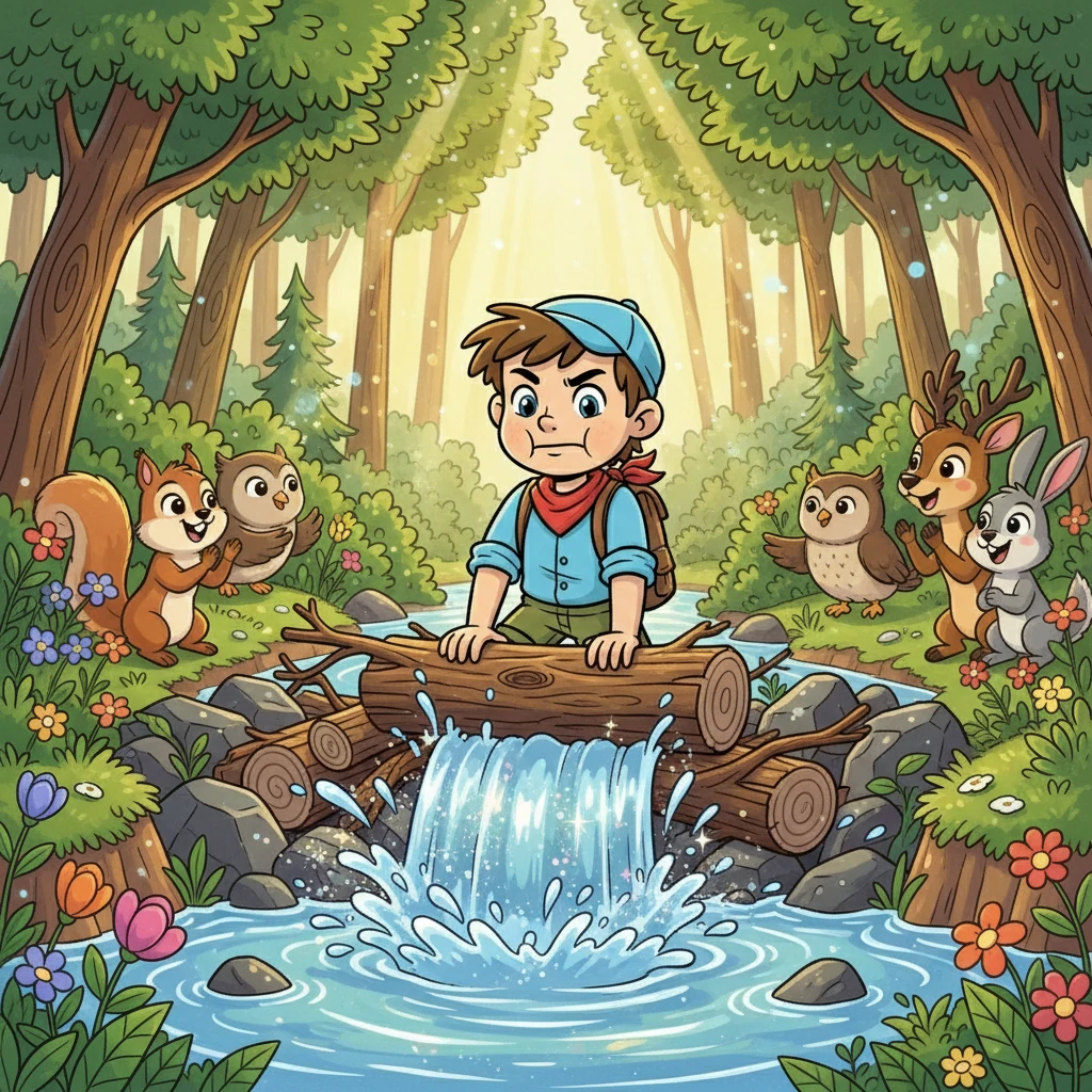 Mühsam und mit aller Kraft schaffte Finn es, die Blockade zu lösen. Das Wasser begann wieder zu fließen, sprudelnd und glitzernd wie zuvor. Die Tiere jubelten, und der Wald erstrahlte in neuem Glanz.