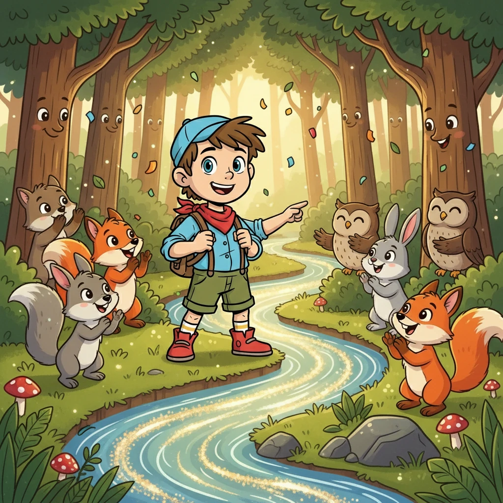 Zurück im Wald, feierten alle gemeinsam Finns Mut und seine Freundschaft zum glitzernden Fluss. Finn wusste, dass er etwas Großes geleistet hatte und dass wahre Stärke in Freundschaft und dem Glauben an sich selbst liegt.