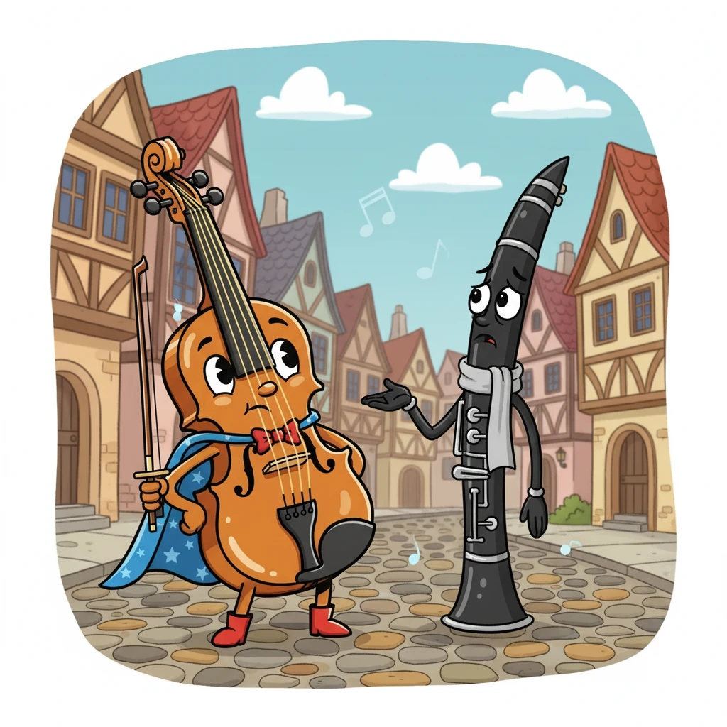 Rolling down a cobblestone street, Timpani met Clarinet, a slender woodwind with a worried look. Clarinet explained she was lost, separated from her band. Timpani, always eager to help, offered to accompany her.