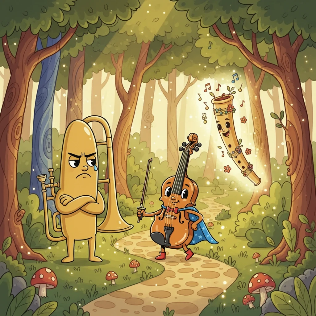 Together, they journeyed through a vibrant forest, encountering a grumpy but kind-hearted Trombone and a flute named Flutie, who was always singing. The forest was filled with sounds, both beautiful and challenging.