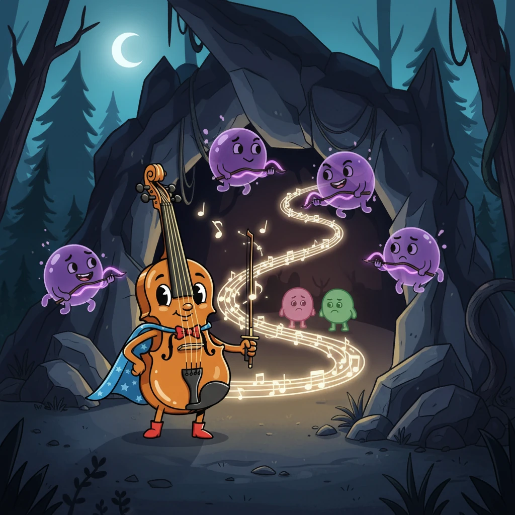 They faced a dark, spooky cave where Echo, a mischievous echo effect, played tricks on them. Timpani used his steady rhythm to guide them through the darkness, helping the others find their way out.