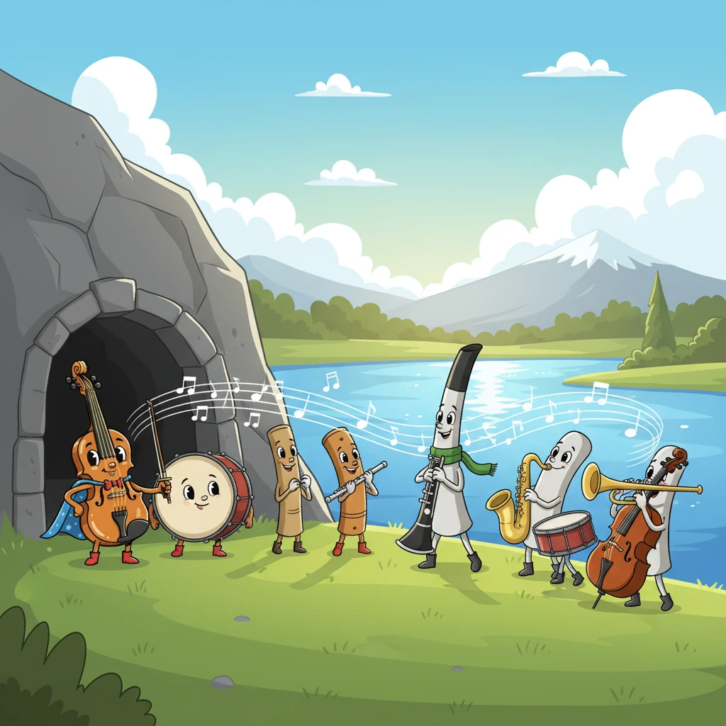 Emerging from the cave, they found Clarinet's band practicing by a sparkling lake. They rejoiced at their reunion, and welcomed Timpani and his new friends. The instruments made beautiful music together.
