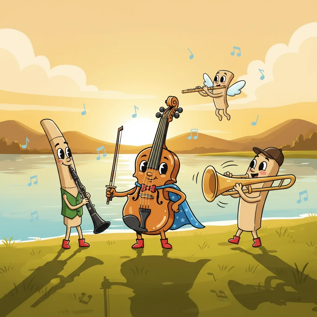 As the sun set, casting a golden glow over the lake, Timpani knew his journey had changed him. He learned the value of friendship, bravery, and the joy of creating music together. Timpani, Clarinet, Trombone, and Flutie lived happily ever after, forever playing music together.