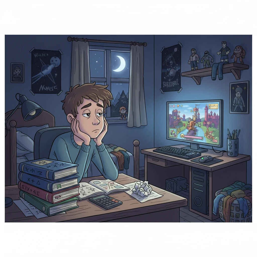 Mateusz, uczeń klasy maturalnej, siedział znużony przy biurku. Obok leżały podręczniki do matematyki, ale jego wzrok wędrował po pokoju, szukając bardziej ekscytujących rozrywek. Zamiast rozwiązywać zadania, wolał spędzać czas na grach komputerowych.