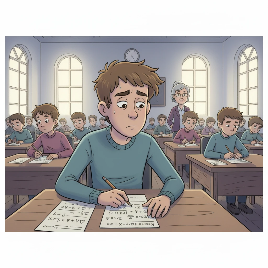 Nadszedł dzień matury. Mateusz, z trudem pokonując stres, zasiadł do egzaminu. Przez chwilę panika go ogarnęła, ale przypomniał sobie wszystko, czego się nauczył. Skupiony, zaczął rozwiązywać zadania.