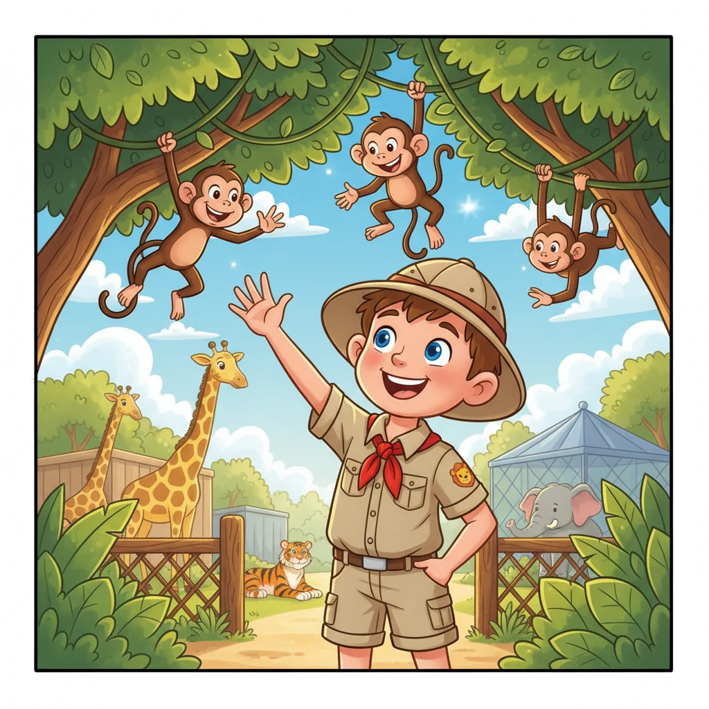 David, a cheerful boy with bright eyes and a big smile, arrives at the zoo. He wears his special zoo uniform, ready for another day of exciting adventures. The sun shines brightly as he waves hello to the playful monkeys swinging above.