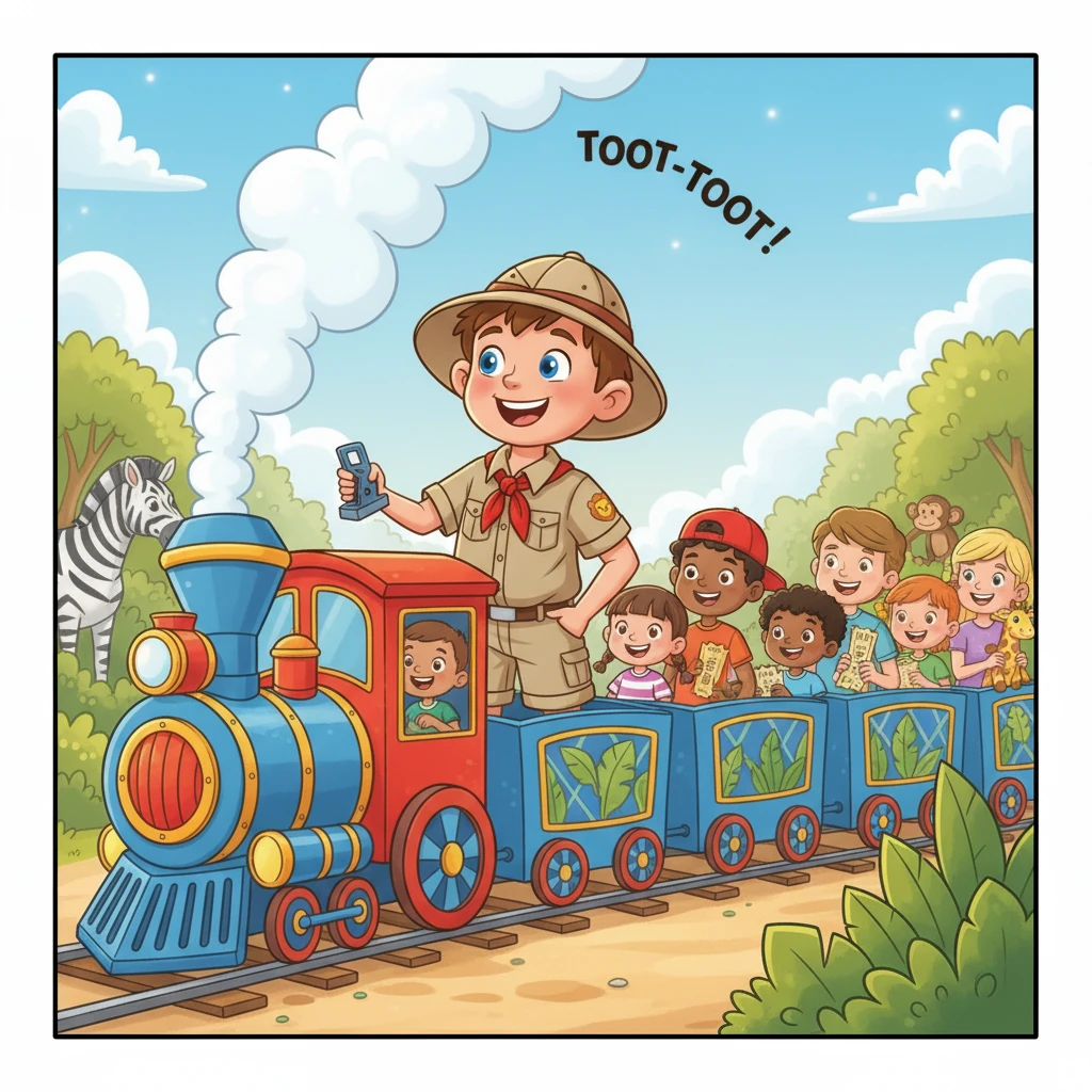 David hops aboard the Zoo Train, its engine chugging and ready to depart. He checks the tickets of the excited passengers, a group of kids and their parents. The train whistles, signaling their journey through the animal exhibits.