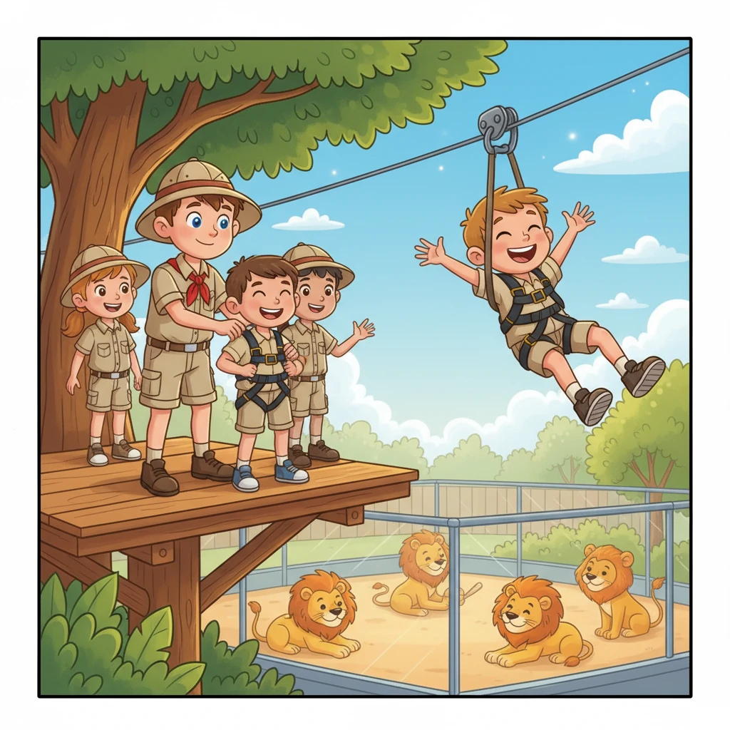 Next, it's time for the zip line! David secures the safety harnesses and guides the eager children to the starting platform. With a whoosh, they zoom through the air, laughing with delight over the lion enclosure.