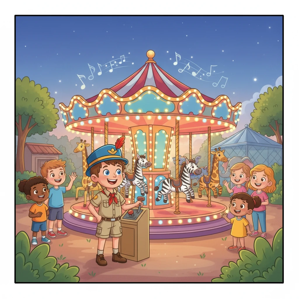After the zip line, David walks over to the carousel. He puts on his conductor's hat and turns on the colorful lights. The music starts, and the animals on the carousel begin to twirl, bringing smiles to everyone's faces.