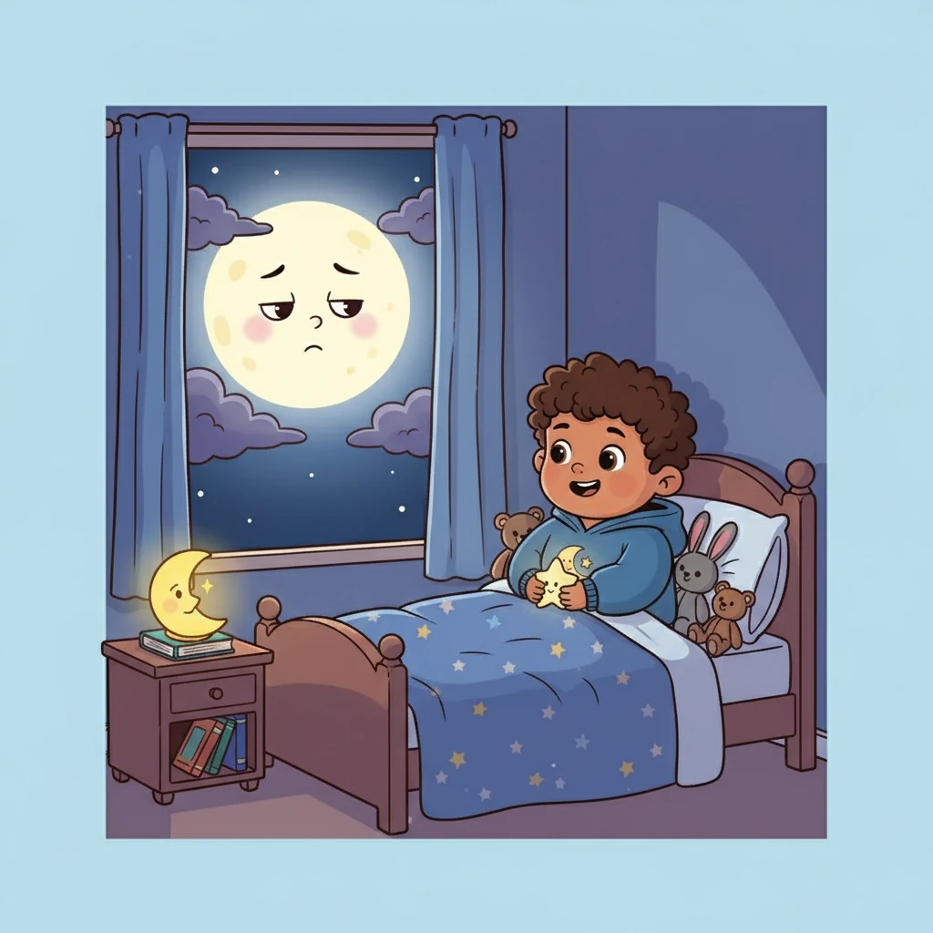 En su pequeña habitación, Mateo, con sus dos añitos, se despertó. Miró por la ventana y vio la Luna. Con una sonrisa, entendió que algo no andaba bien. Sabía que la Luna necesitaba descansar, como él.