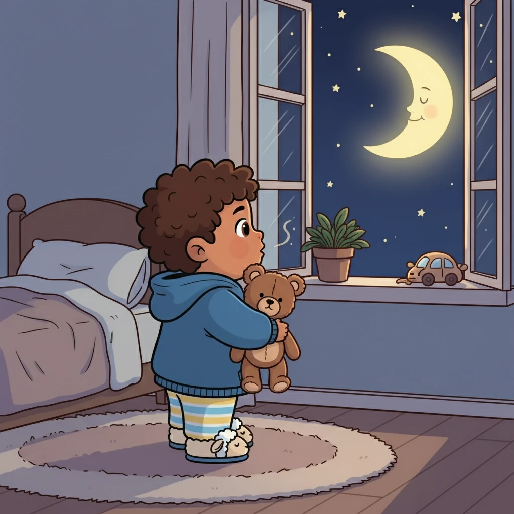 Mateo, decidido a ayudar, cogió su oso de peluche favorito y salió de su cama. Se acercó a la ventana y le susurró a la Luna: 'Duerme, Luna, yo te cuidaré'.