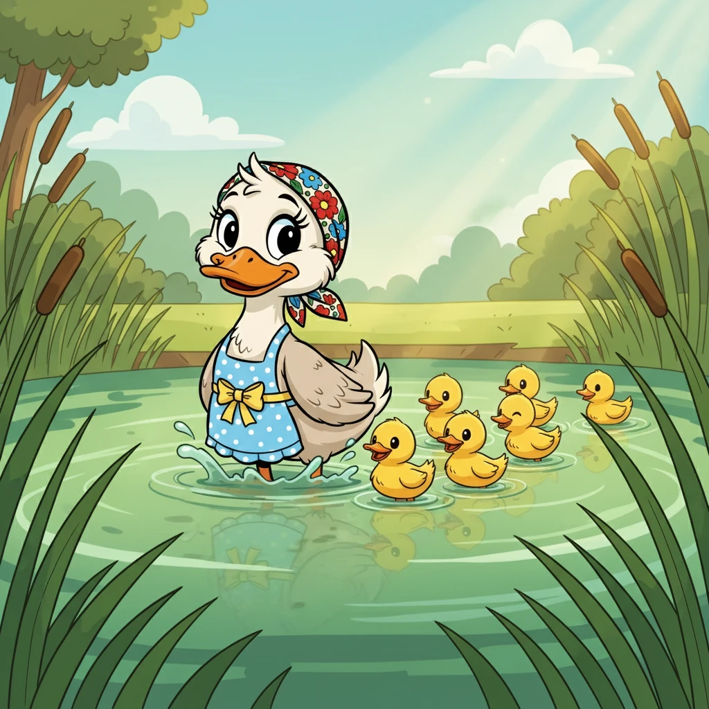 Mamá Pepa, con su suave plumaje blanco, lideraba a sus seis pequeños patitos amarillos. Se deslizaban alegremente por el estanque verde, rodeado de juncos altos y balanceantes. El sol brillaba, y los patitos chapoteaban felices.