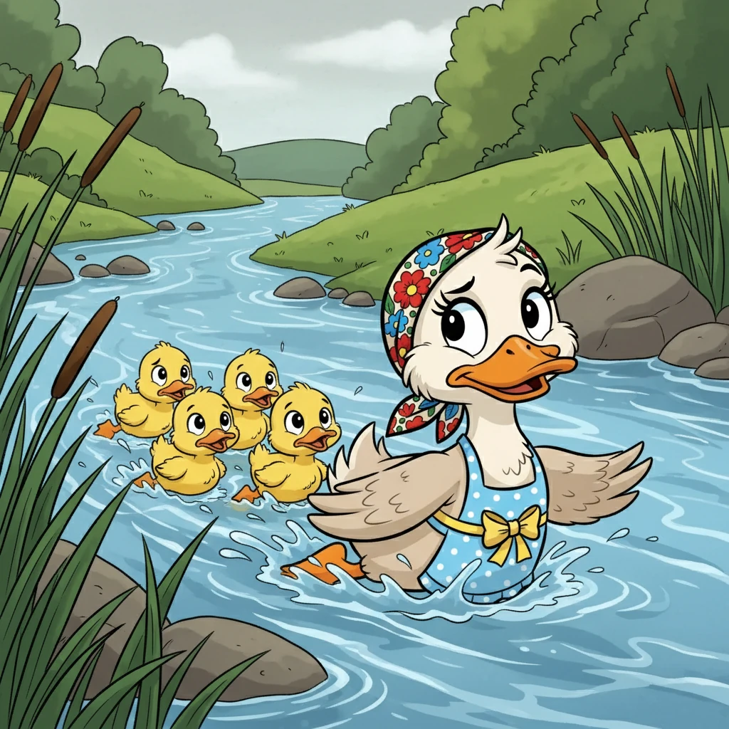 “¡A nadar, patitos, rápido! ¡Debemos encontrar un lugar seguro!”, graznó Mamá Pepa con urgencia. Los pequeños patitos, asustados pero obedientes, siguieron a su madre, nadando con todas sus fuerzas.
