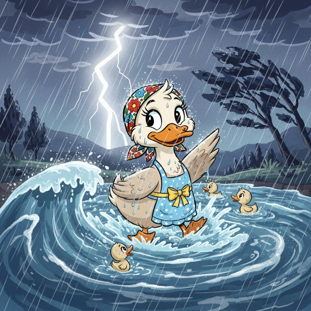 La tormenta estalló con truenos y relámpagos. La lluvia caía a cántaros, y el estanque se agitaba violentamente. Los patitos, empapados y temblorosos, luchaban contra las olas.