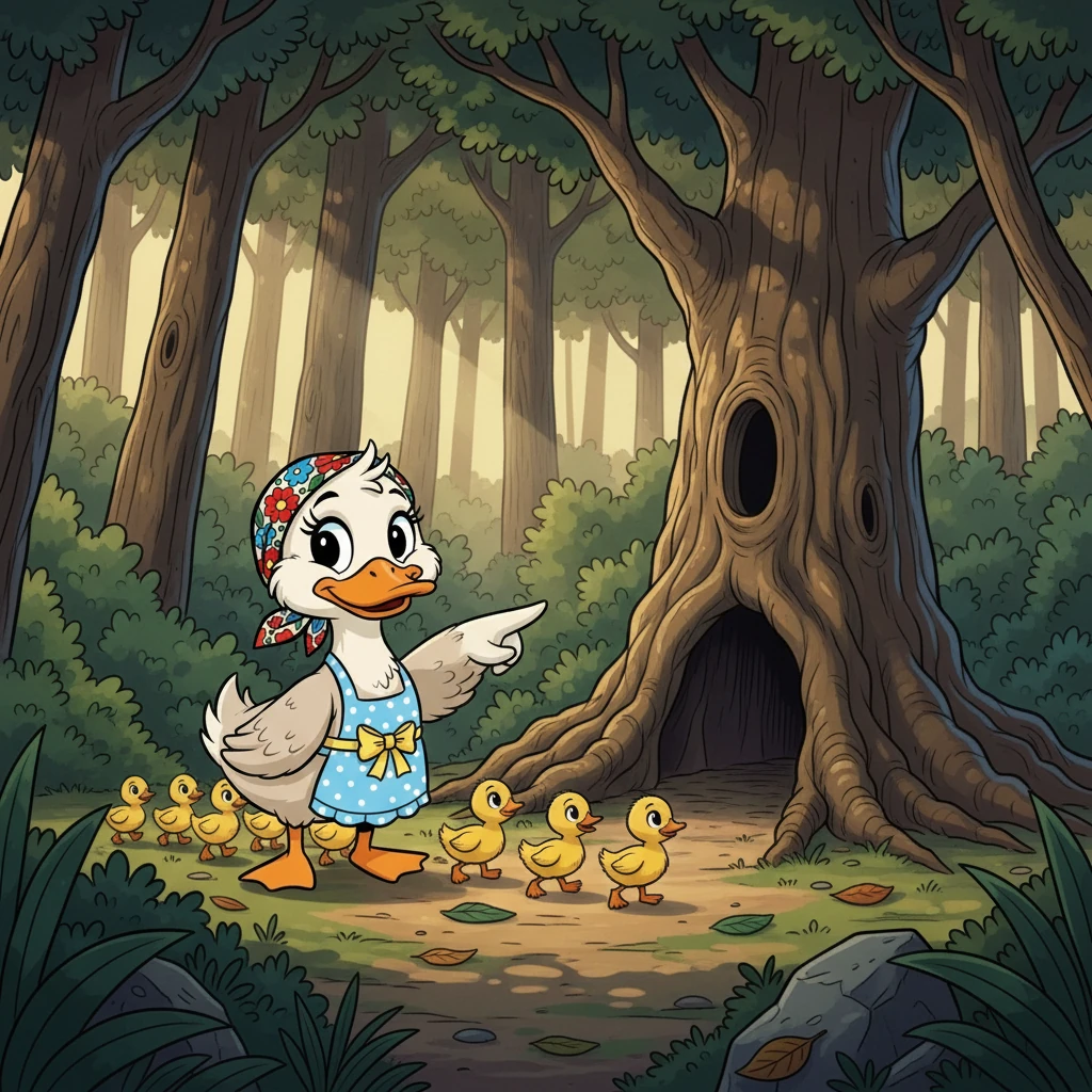 Mamá Pepa, con gran valentía, guio a sus patitos hacia una espesa arboleda cercana. Allí, encontraron un hueco entre las raíces de un gran árbol, un refugio perfecto.