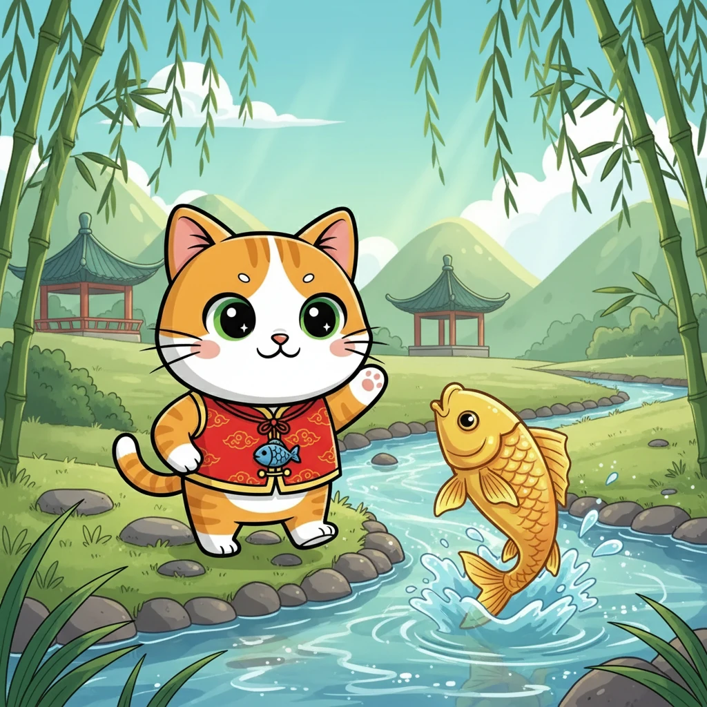 小咪是一只毛茸茸的小猫，她喜欢在阳光明媚的早晨沿着清澈的小溪散步。她有一个小小的愿望，就是抓到一条大鱼。今天，她下定决心要实现这个愿望。