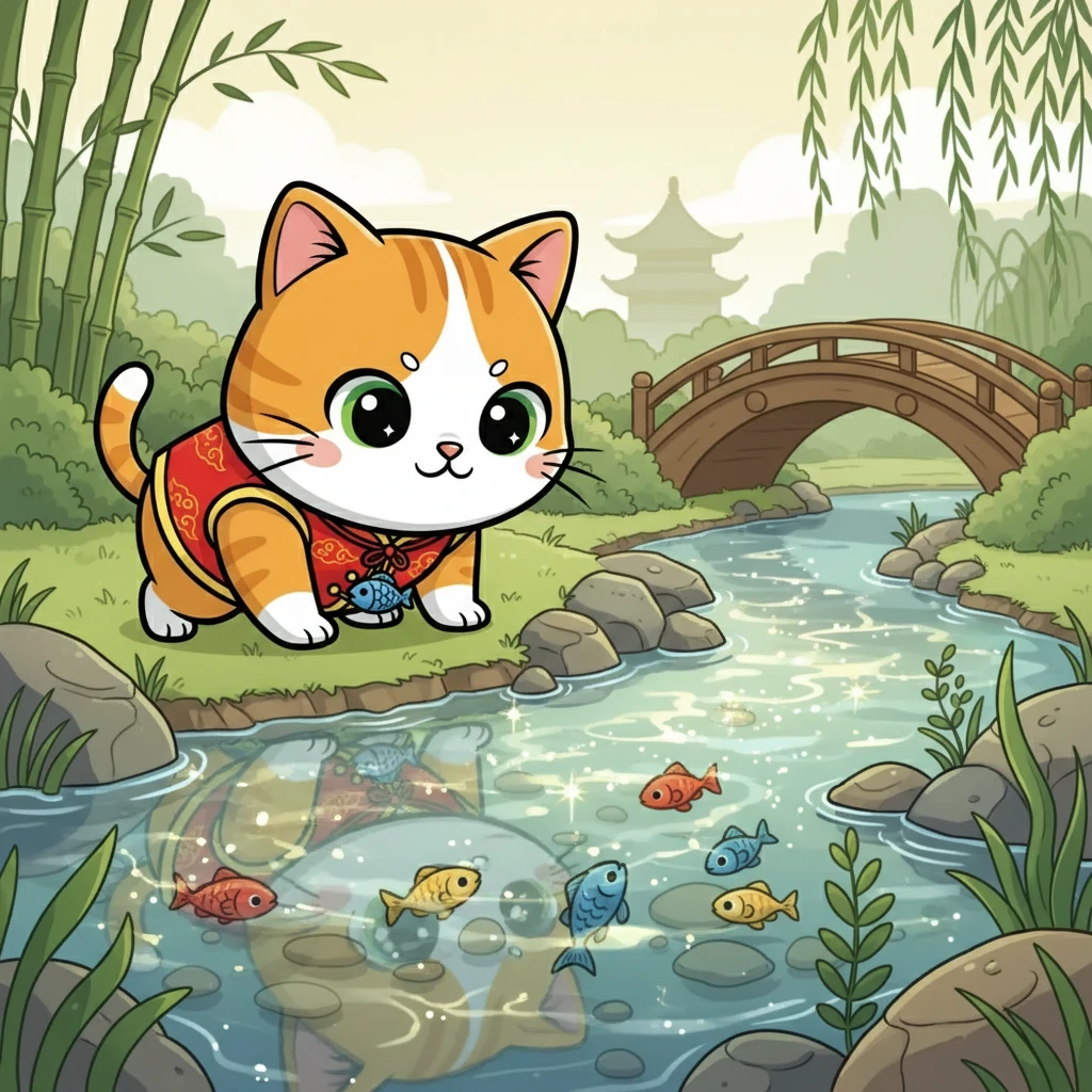 小溪的水波光粼粼，小咪仔细地观察着水面。她屏住呼吸，悄悄地走近，寻找鱼儿的身影。水面下，鱼儿们欢快地游来游去，好像在捉迷藏。