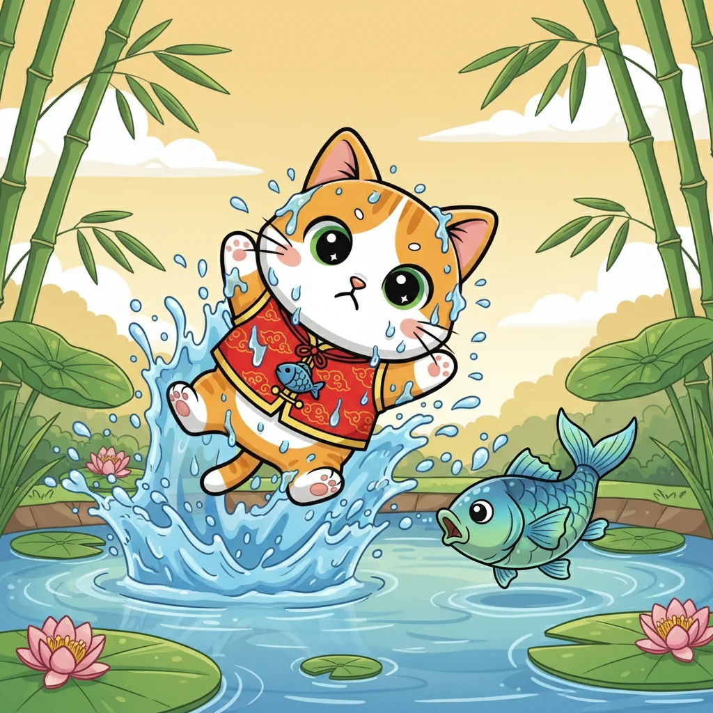 小咪举起了她的爪子，准备向水中扑去。她的眼睛紧盯着一条肥美的鱼。她猛地一扑，水花四溅，但鱼儿却灵活地躲开了，只剩下湿漉漉的小咪。