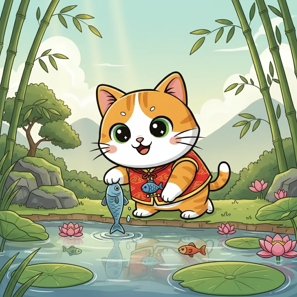 小咪并没有放弃，她再次尝试，这次，她更加耐心。她慢慢地靠近，耐心地等待着，终于，一条小鱼游到了她的身边。这次，她抓住了它！