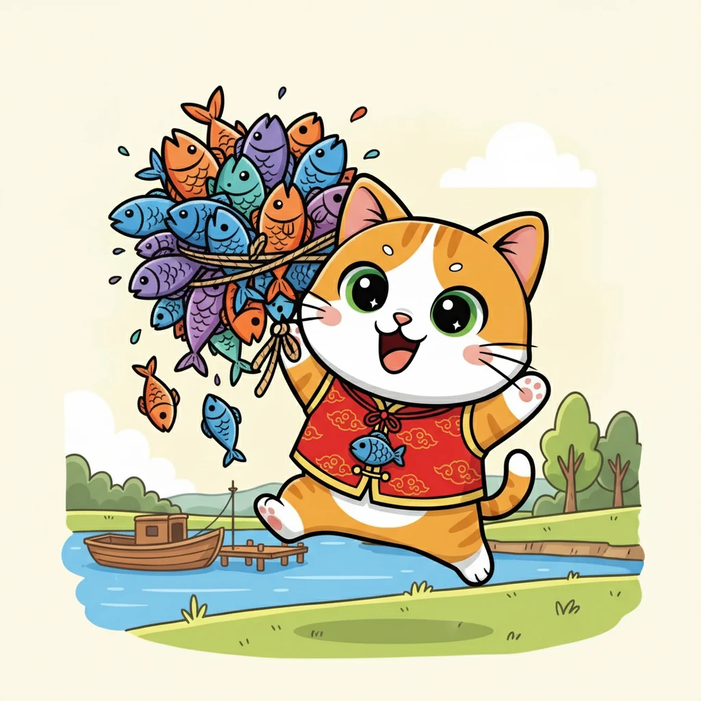 小咪欢快地跳了起来，手里拿着她的战利品。她抓到了好多好多鱼！她的眼睛里闪烁着喜悦的光芒，她知道今天会有一顿美味的午餐。