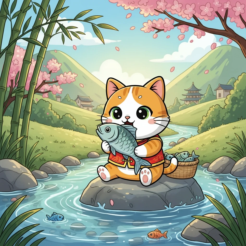 小咪坐在小溪边，开心地享用着她的渔获。阳光洒在她身上，温暖而舒适。她知道，抓鱼不仅仅是填饱肚子，也是对自己的肯定和对大自然的馈赠。