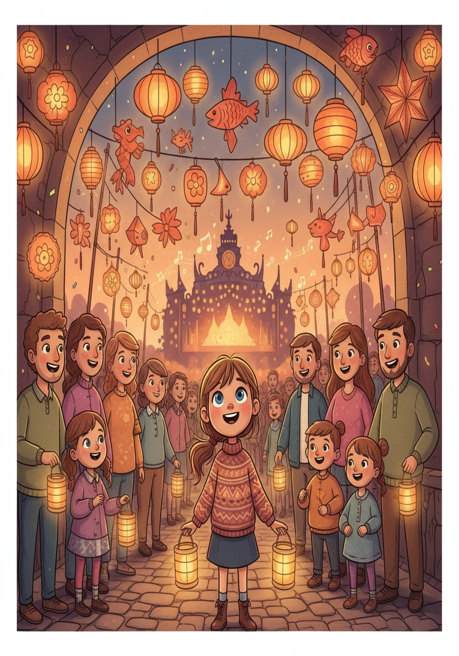 Lily, a curious young girl with bright eyes and a hopeful heart, stood at the entrance to the Festival of Lights. Lanterns of every shape and color danced in the twilight, casting a warm glow on the excited crowd. Music from distant lands filled the air, promising a night of wonder.