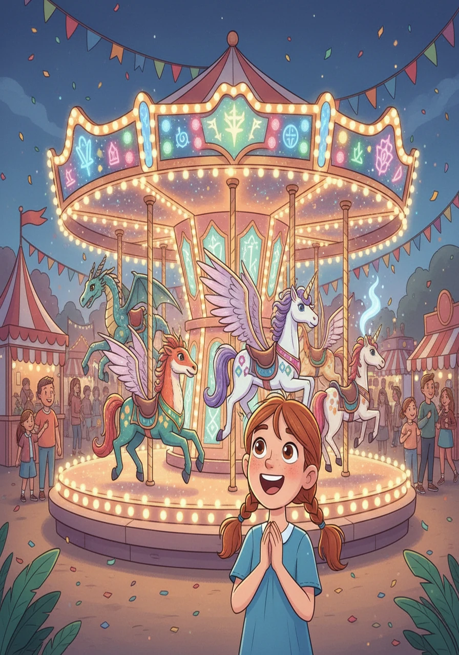 A majestic, brightly lit carousel, adorned with fantastical creatures, spun slowly in the center of the festival. Lily gasped as she took in the sight, her face illuminated by the colorful lights. She felt an overwhelming sense of excitement and anticipation for the adventures ahead.