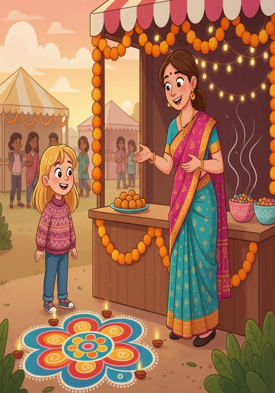 First, Lily visited a booth celebrating Diwali. She marveled at the intricate rangoli patterns made of colorful sand, and the scent of sweet treats filled the air. A friendly woman, draped in a vibrant sari, shared stories of light overcoming darkness.