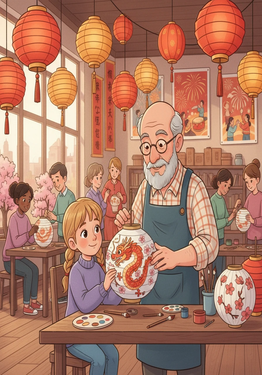 Next, Lily stumbled upon a Chinese lantern-making workshop. With patient instruction, she created a beautiful paper lantern, painting it with colorful dragons and cherry blossoms. She learned about the Lunar New Year celebrations and the significance of the lanterns.