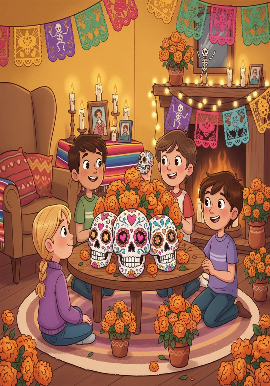 In a cozy corner, Lily discovered a group celebrating the Mexican Day of the Dead. She was fascinated by the elaborately decorated sugar skulls and the vibrant marigold flowers. She learned about remembering loved ones and celebrating their lives.