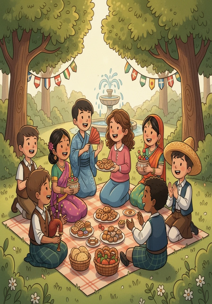 Later, Lily encountered children from around the globe, each showcasing their cultural traditions. They shared stories, laughter, and homemade treats, forging instant friendships. The common thread was the joy of sharing.