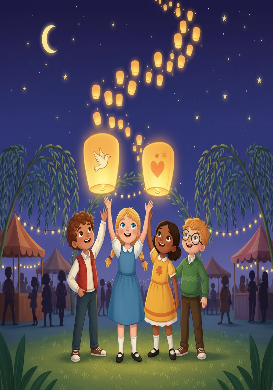 At the heart of the festival, Lily and her new friends released lanterns into the night sky, each bearing a wish for peace and happiness. The lanterns floated upward, a beautiful spectacle against the starry canvas.
