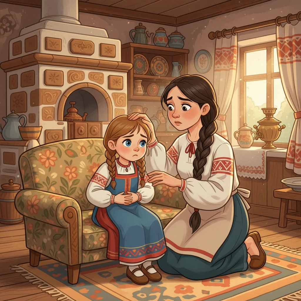 Агнесса, маленькая девочка с любопытным взглядом, почувствовала странную боль в животе. Она сидела, нахмурившись, на диване, держась за свой животик. Ее мама, обеспокоенная, решила выяснить, что случилось.