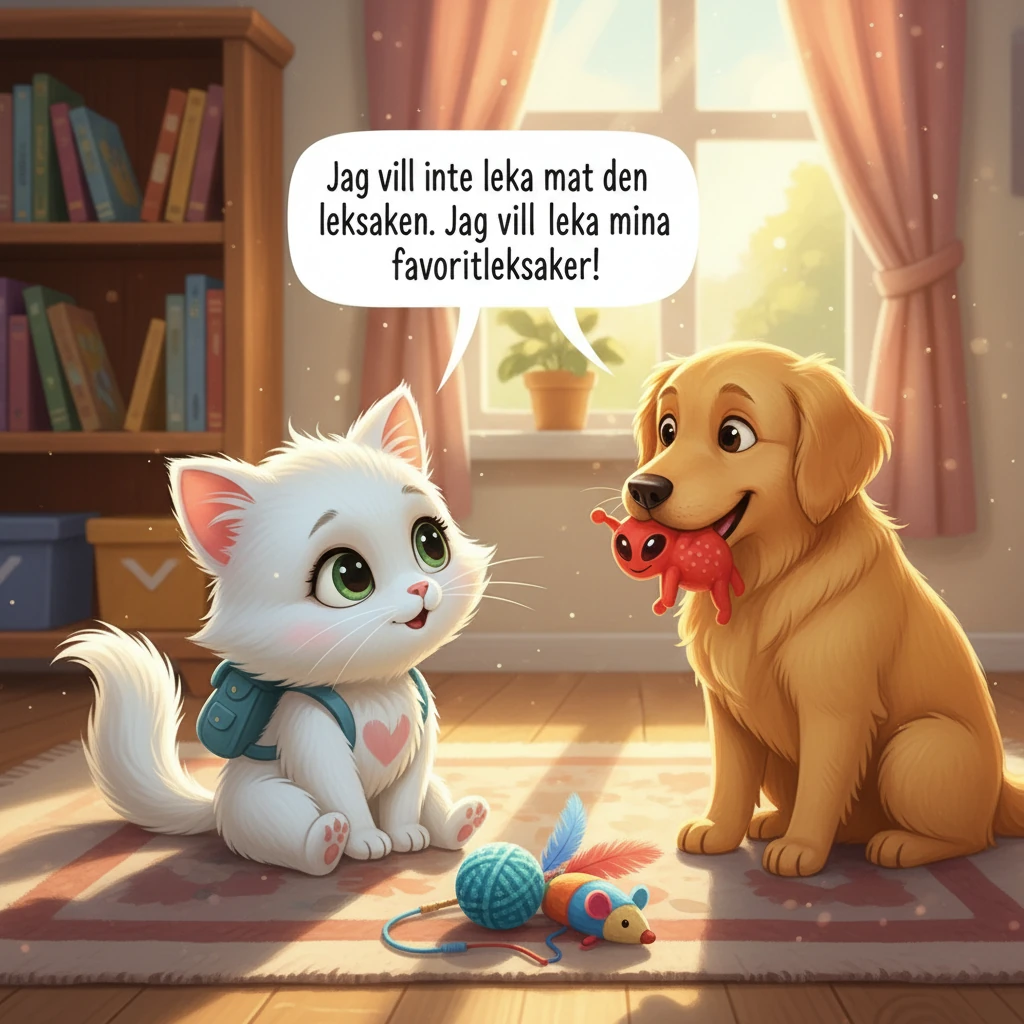 Mimmi förstod att hon inte behövde göra något hon inte ville. Hon andades djupt och bestämde sig för att vara ärlig. Hon sa till hunden 'Jag vill inte leka med den leksaken. Jag vill leka med mina favoritleksaker!'.