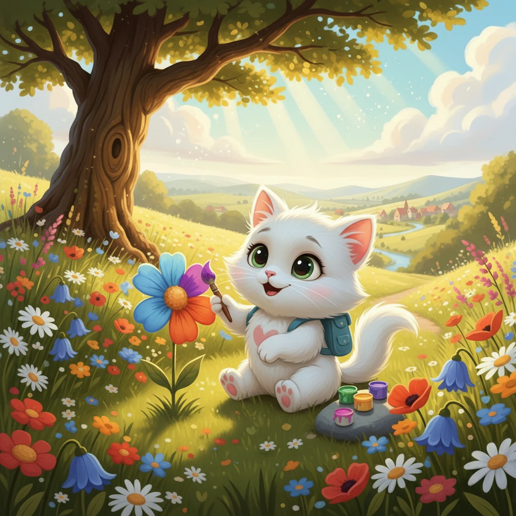 Senare, medan solen glittrade, hittade Mimmi Katt en blomma och började måla den med sina favoritfärger. Hon kände sig fri och lycklig. Att våga säga nej hade gett henne modet att uttrycka sig själv.