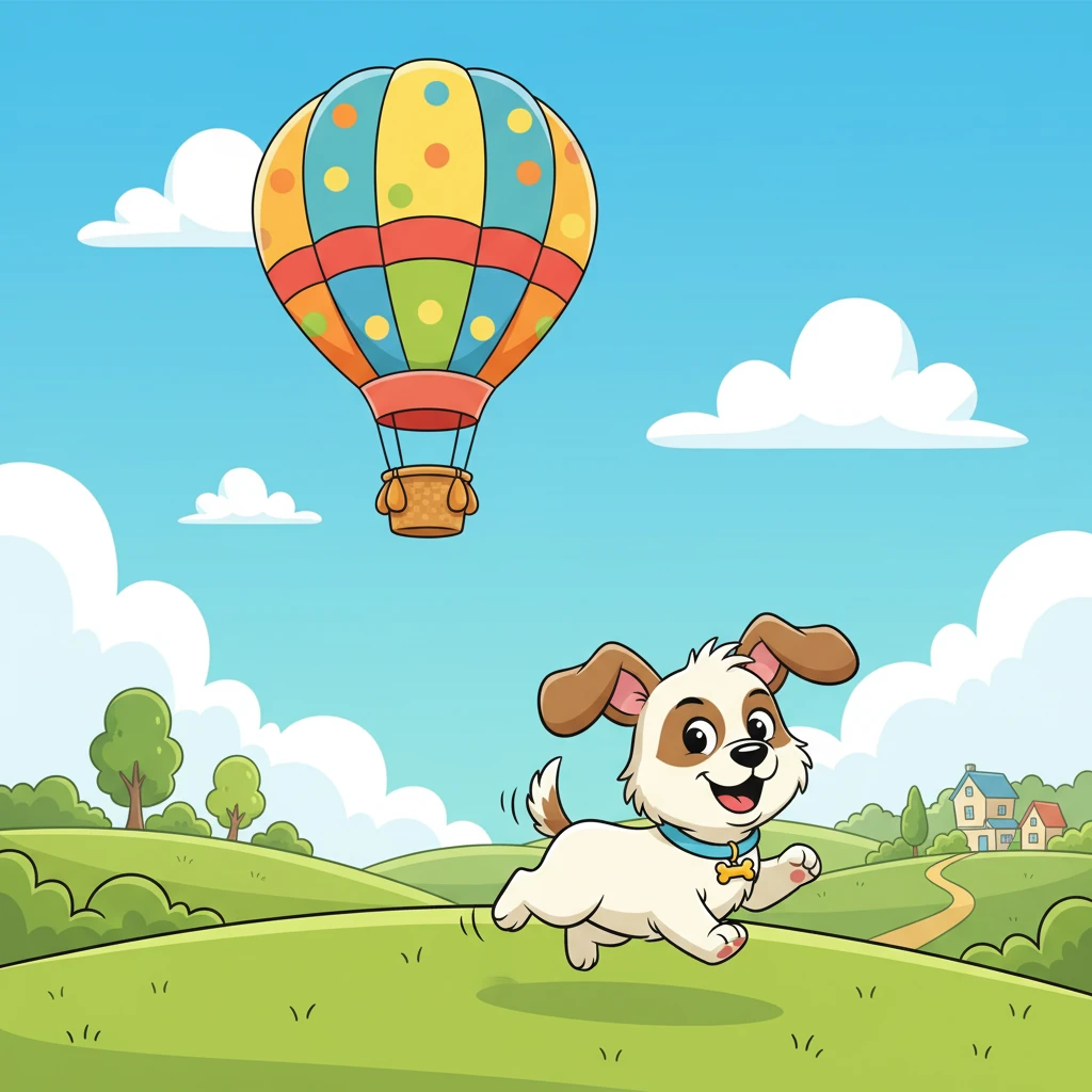 One sunny morning, Pip saw a colorful hot air balloon rising in the sky. He knew instantly that he had to follow it. With a determined bark, Pip set off, his tiny legs carrying him as fast as they could.